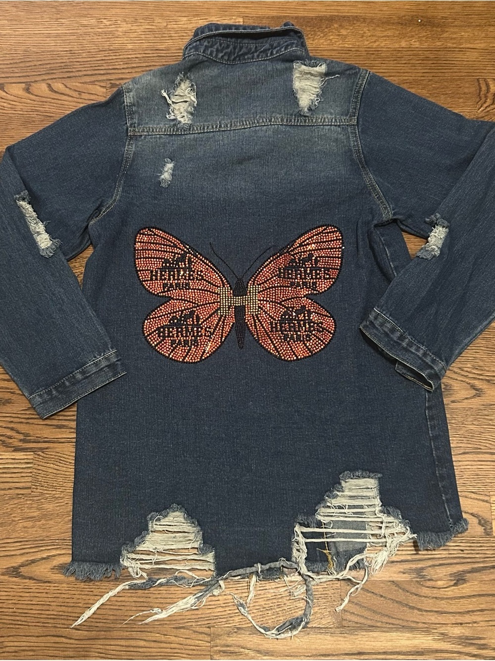 Custom  Denim Jacket wOrange Hermes like Rhinestone Butterfly 0156